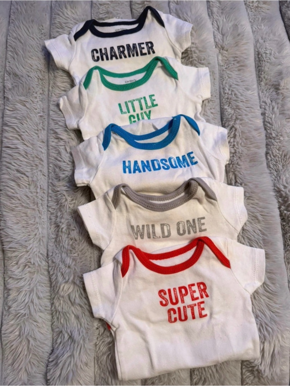 Carter's White Onesies Set with Navy, Green, Blue, Gray, Red Accents